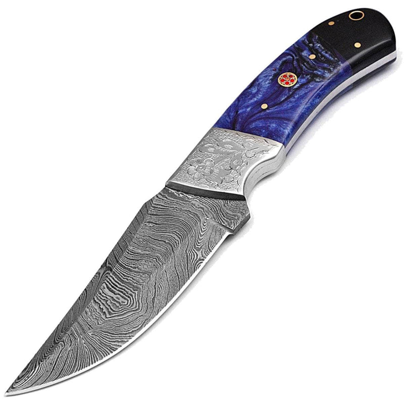 White Deer Damascus Steel Knife Black & Blue Buffalo Horn Handle - DF-200