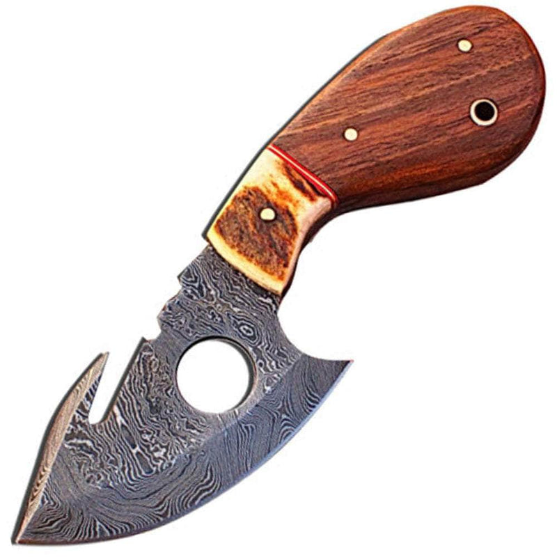 White Deer Damascus Gut Hook Knife, 3.5 Blade, Stag/Wood Handle